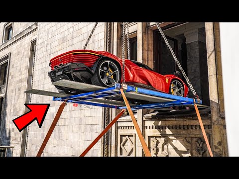 Unloading $3M Ferrari Daytona SP3 from a window - Driving, Sound & Start Up