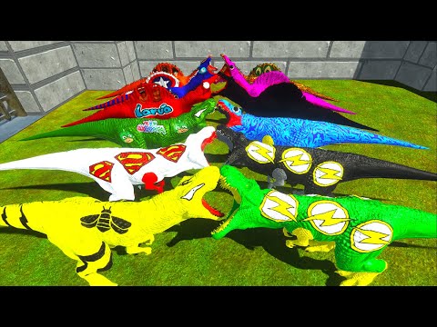 JUSTICE LEAGUE T-REX Vs SPINOSAURUS MOUNTAIN DEATH RUN - Animal Revolt Battle Simulator