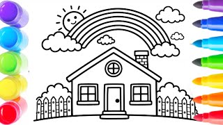 Cute House Drawing & Coloring 🌈 | Easy Step by Step Drawing Tutorial for Kids and Beginners 