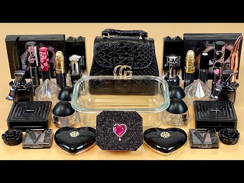 ASMR Slime 🖤💤 Mixing ”BLACK” makeup, Eyeshadow, glitter into slime.  Satisfying slime video.
