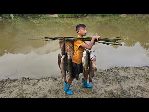 Full video 20 days boy khai of making fish traps, harvesting 15kg carp, primitive fishing skills