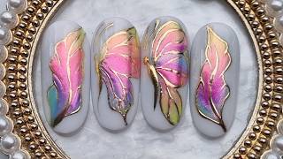 Chrome ombre butterfly and feather nail art made easy for beginners 