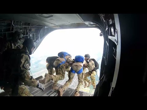 Hungarian special operations forces jump from CH-47 Chinook during Saber Guardian 2021 Exercise