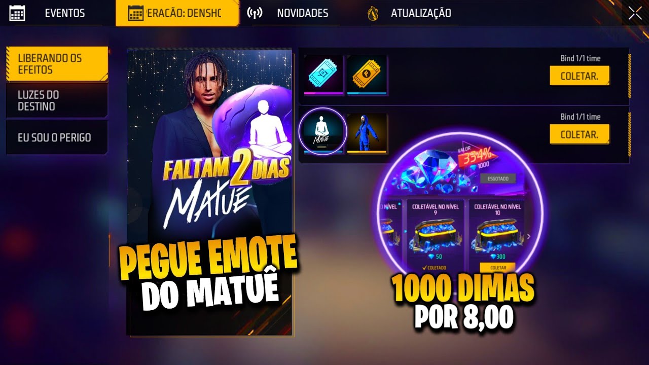 URGENTE!! PEGUE EMOTE DO MATUÊ, 1000 DIMAS POR 8 R3AIS E CALENDÁRIO SEMANAL - NOVIDADES FREE FIRE