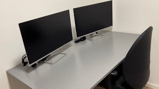 Unboxing hp M27fw 27” monitors. How two 27” monitors looks on a 140cm computer table
