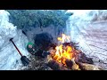 Deep Snow Primitive Survival Camping in Mountains - Campfire Cooking on Shovel