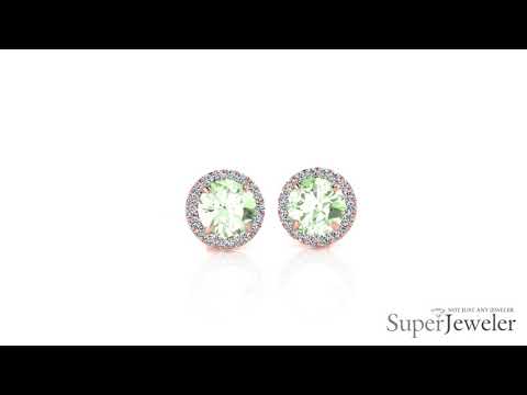 H021749 GAM14KR   Green Amethyst and Halo Diamond Earrings In 14 Karat Rose Gold
