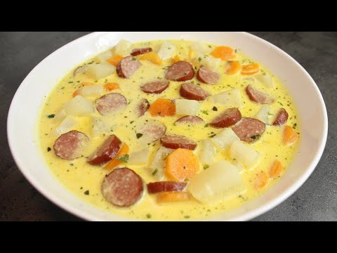 Kohlrabi carrot soup or stew with Cabanossi sausage, delicious soup recipe with potatoes