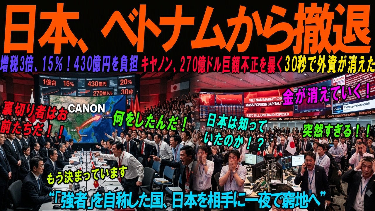 【海外の感動話】我々こそ強者だベトナムが日本を夜間強制追放15年間の5％減税を破棄電力20％を無通知カットキヤノン年間1億台拠点も撤退30秒後外資が一斉撤退270億ドル巨額不正が発覚し国家経済を圧迫