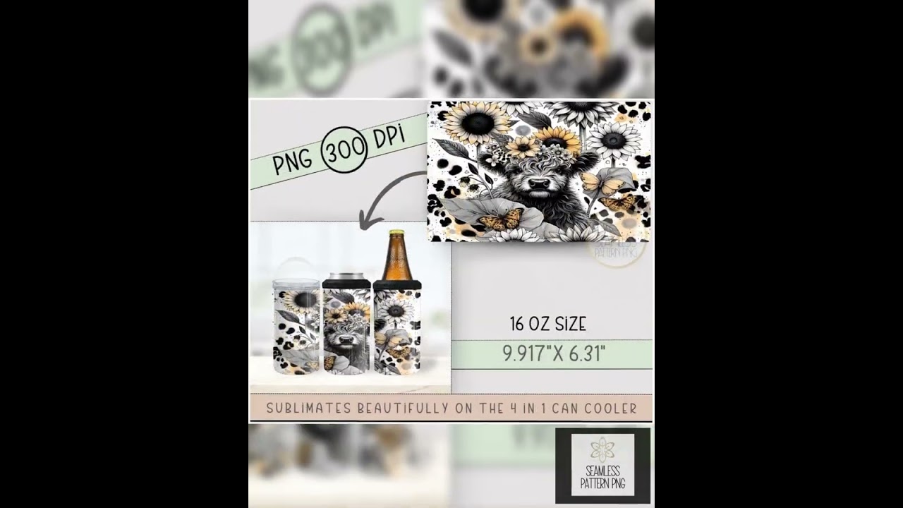 Leopard Highland Cow 4in1 Can Cooler Wrap, Leopard Sunflower 4 in 1 Tumbler PNG, Black & White Co...