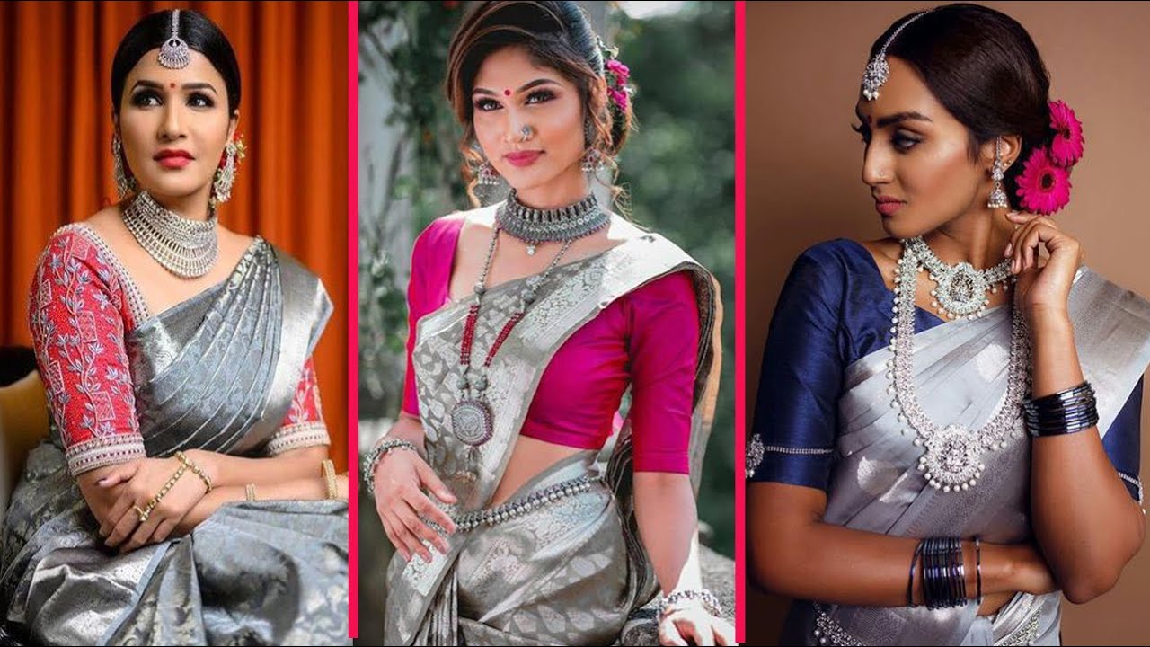 Watch video Stunning silver silk saree designs, Silver contrast blouse ideas, classy Steel grey saree Now Stunning silver silk saree designs, Silver contrast blouse ideas, classy Steel grey saree