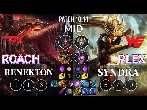 T1 Roach Renekton vs WE Plex Syndra Mid - KR Patch 10.14