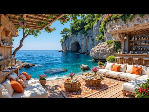 Tropical Beach Cafe Ambience 🌊 Relaxing Bossa Nova Jazz Music & Calming Ocean Waves for Upbeat Moods