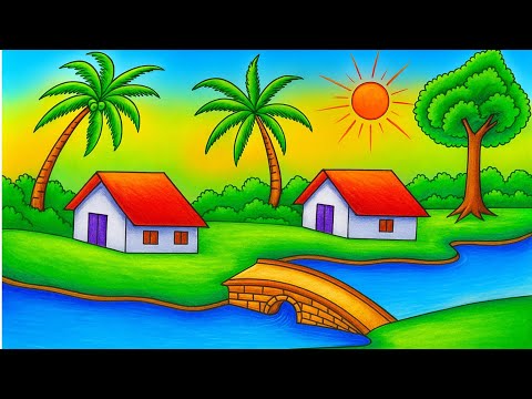 How to draw village scenery with River bridge | simple nature drawing 