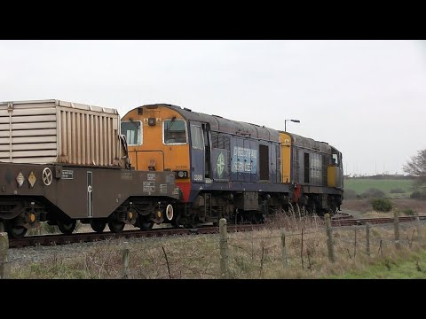 Class 20s with nuclear flasks at Valley, Anglesey & other passing trains. 11-02-2015.