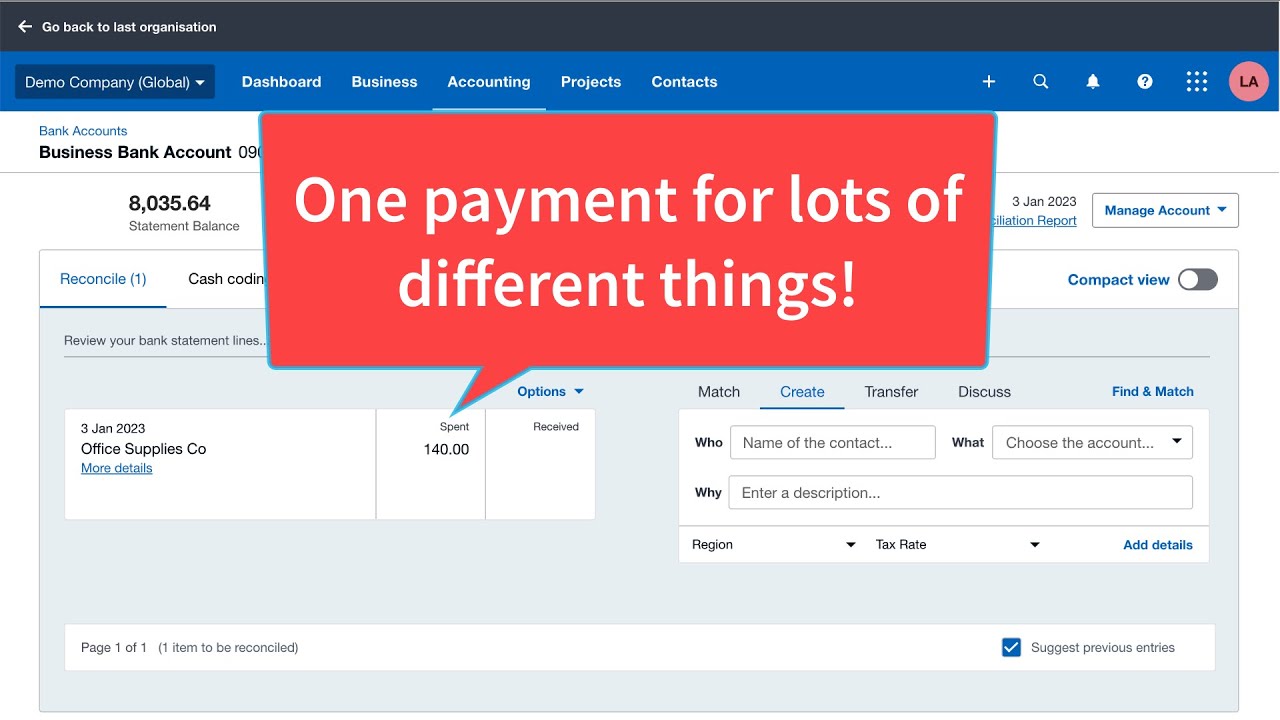 Allocate a payment to multiple account codes in Xero