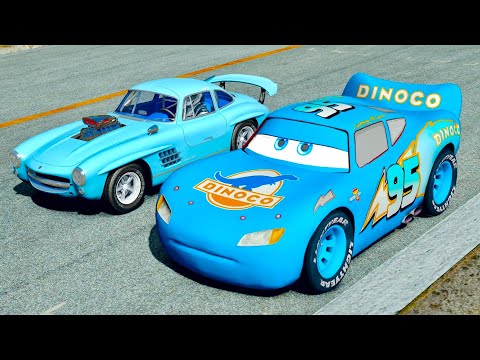 Lightning McQueen Dinoco vs Mercedes-Benz 300SL Gullwing W198 Drag 1954 - Drag Race 10 KM