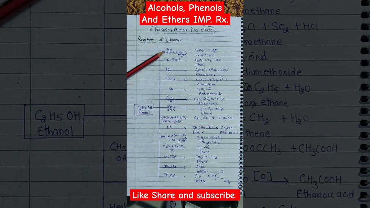 Alcohols Phenols And Ethers Important Reactions 🔥🥵 |Reactions of Ethanol |Class 12 Chemistry #shorts