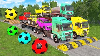 Triple Flatbed Trailer McQueen Transportation with Truck - Speedbumps vs Cars vs Train - BeamNG #42