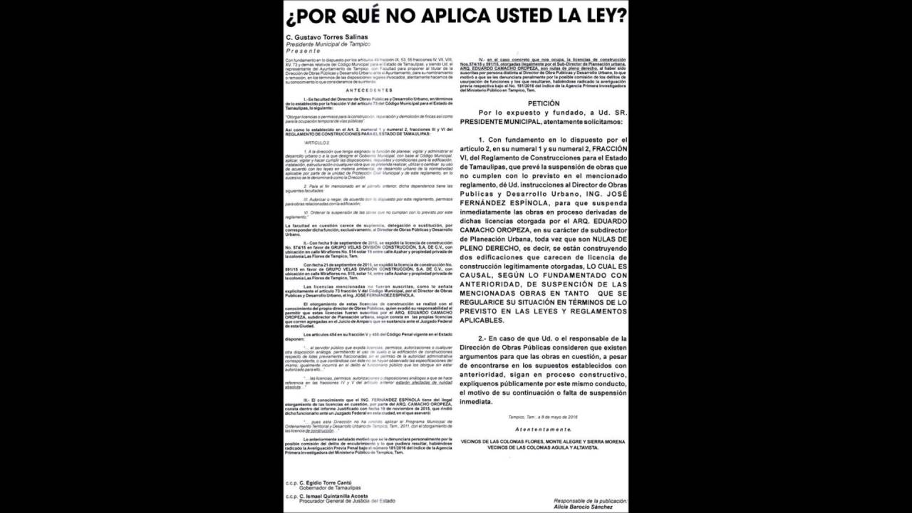 Carta a Presidente municipal Gustavo Torres