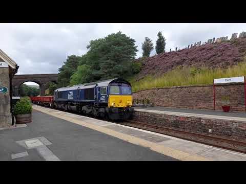 (Horn) Class 66 passes Dent Station with 3 freight wagons