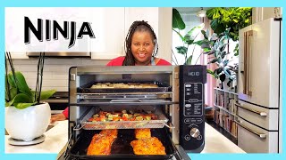 NinjaFoodi SMART 12 in 1 Double Oven with FlexDoor full salmon dinner and dessert