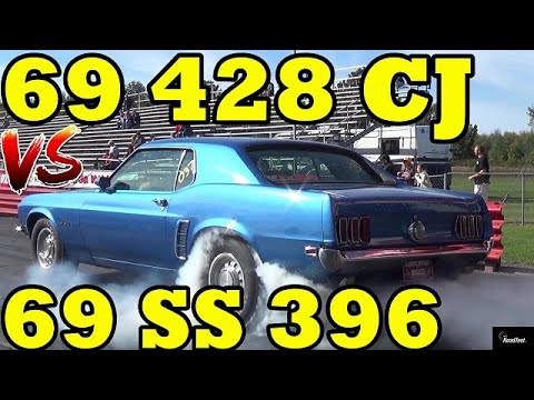 FORD vs CHEVY !! 69 428 Cobra Jet Mustang vs 69 L78 Chevelle SS396 - Drag Race - RoadTestTV