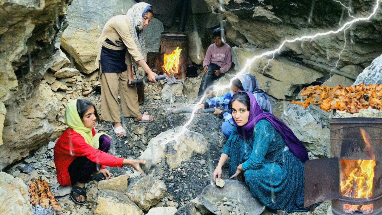 Cave life of Iranian nomadic girls | Real life, cooking in rain & cave rebuilding in Zagros