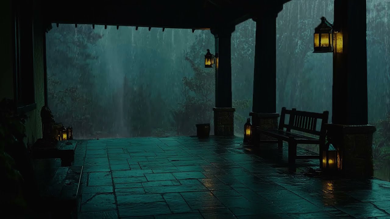 Calming Rain Sounds🌧️Rainy Balcony In Tropical Forest🔥Crackling Fireplace, Rain and Thunder Sounds