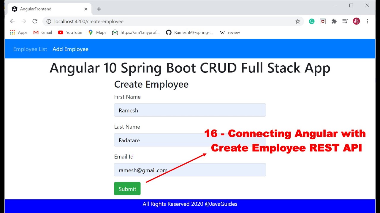 Angular + Spring Boot CRUD Full Stack App - 16 - Connecting Angular with Create Employee REST API