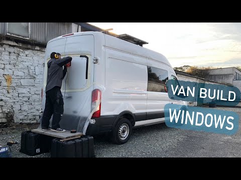 Installing rear door windows!  DIY Ford Transit Van Conversion