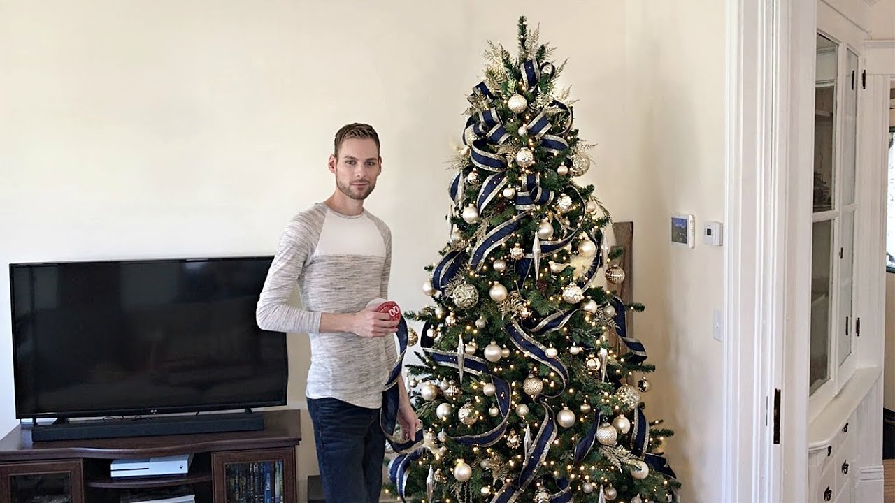 Navy Blue & Gold Christmas Tree - Easy Christmas Ribbon Technique - How To Decorate A Christmas Tree