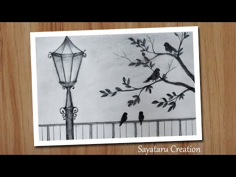 How to draw birds scenery with pencil, Pencil drawing for beginners