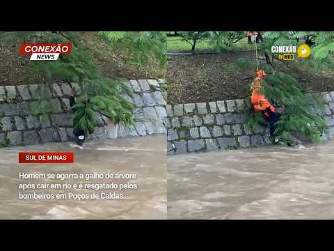 Vídeo: Homem se agarra a galho de árvore após cair em rio e é resgatado pelos bombeiros em Poços de Caldas.