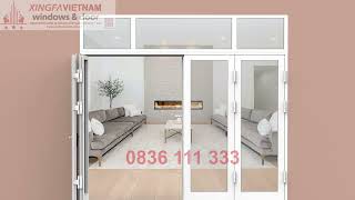 Cửa đi mở quay 4 cánh nhôm Xingfa Quảng Đông tem đỏ màu trắng ngà bản lề 4D