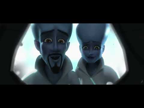 Megamind trailer closing frame echoing the film’s neon-lit Metro City skyline
