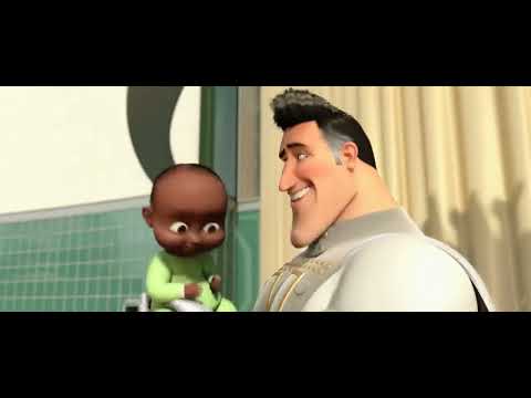 Megamind theatrical trailer frame with Megamind posing over Metro City
