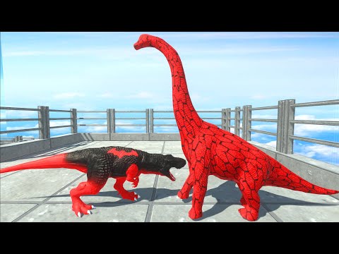 SPIDERMAN BRACHIOSAURUS vs BATMAN T-REX DEATH RUN - Animal Revolt Battle Simulator