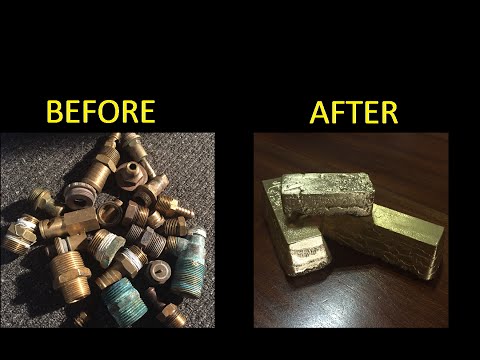 Melting brass scrap metal casting into cool ingots metal cas...