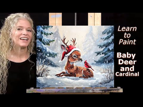 BABY DEER AND CARDINAL - Learn How to Draw and Paint with Acrylics - Easy Beginner Animal Portrait