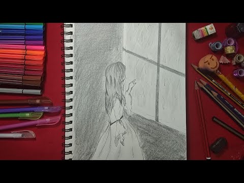 A girl standing in front of the window drawing.