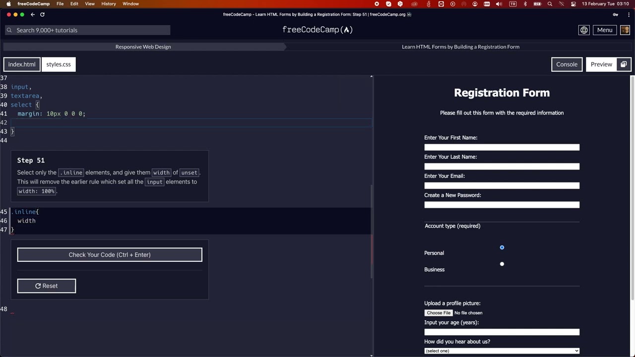 LEARN HTML FORMS BY BUILDING A REGISTRATION FORM STEP 51 #freecodecamp #learncss #registrationform