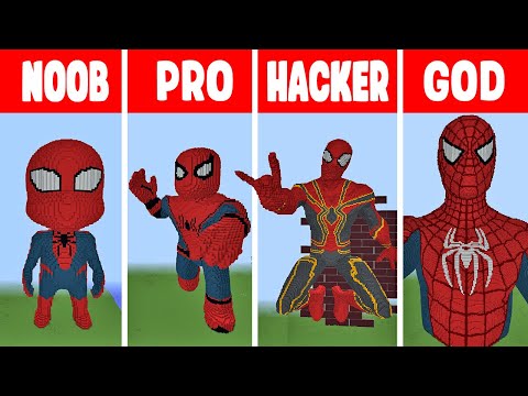 Minecraft TNT SPIDERMAN STATUE HOUSE BUILD CHALLENGE - NOOB vs PRO vs HACKER vs GOD
