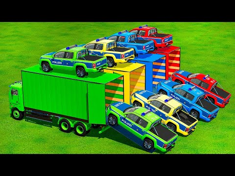LOAD AND TRANSPORTING VOLKSWAGEN POLICE CARS WITH COLORED ISUZU TRUCKS - Farming Simulator 22