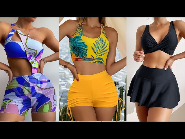 Vídeo relacionado con JASAMBAC Tankini de 3 piezas para mujer, cintura alta, push up y pantalones cortos de baño de cintura alta, traje de baño simple, traje de baño deportivo para mujer, traje de baño para piscina, playa