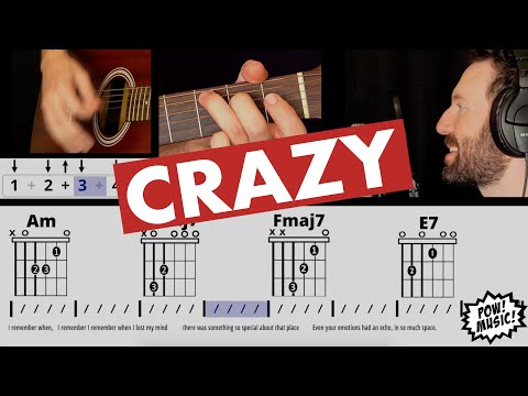 BEGINNER 4 Chord Acoustic EASY STRUMMING Song! 3 Levels of "CRAZY" by Gnarls Barkley PLAY-ALONG