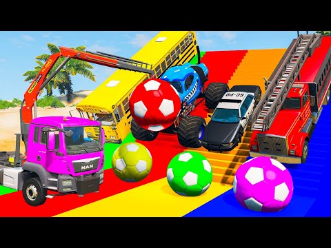Flatbed Trailer Truck Rescue Bus - Cars vs Slide Colors - Cars vs Rails & Trains - BeamNG Drive #9