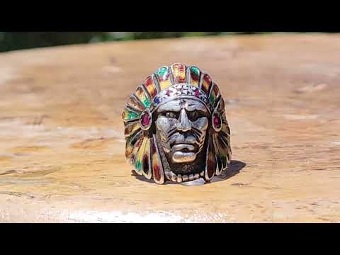 Silver Enameled And Jeweled Indian Head Ring