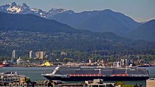 KONINGSDAM's Perfect Cruise Ship Departure Beautiful Vancouver Harbour - Reverse Spin, & Snowy Peaks