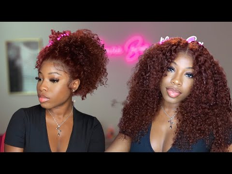 Reddish Brown Jerry Curly Lace Front Wig + Updo Style...